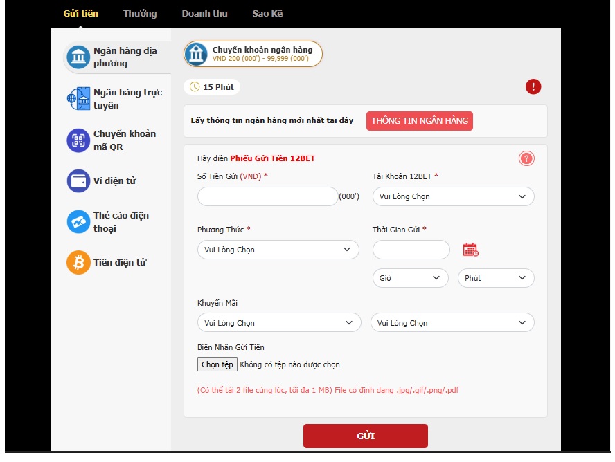 Thao tac gui tien 12Bet qua ngan hang dia phuong